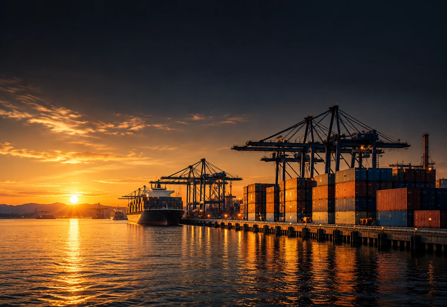 Illustrative cargo port at sunset
